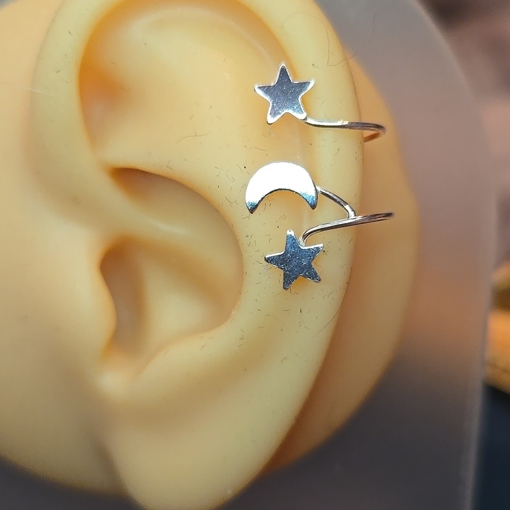 Sterling Silver Cuff Star and Moon Earrings